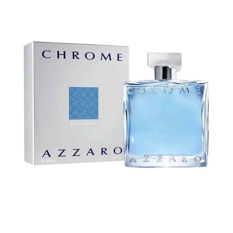 Azzaro Chrome Eau de Toilette, 100ml, blue square bottle with silver cap, packaged in a white box with blue details.