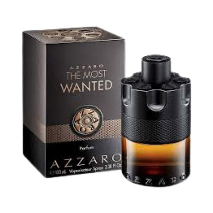Azzaro The Most Wanted Parfum, 100ml, amber bottle with black cap and a unique design, packaged in a black box.
