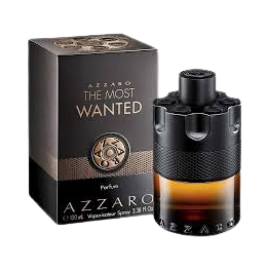 Azzaro The Most Wanted Parfum, 100ml, amber bottle with black cap and a unique design, packaged in a black box.