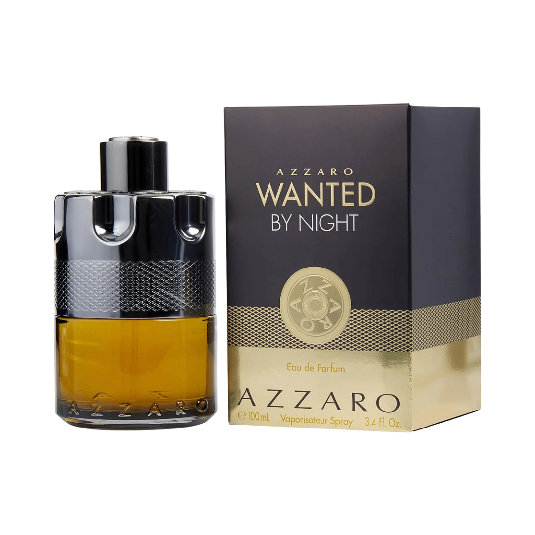 Azzaro Wanted by Night Eau de Parfum, 100ml, dark amber bottle with silver accents, packaged in a black and gold box.