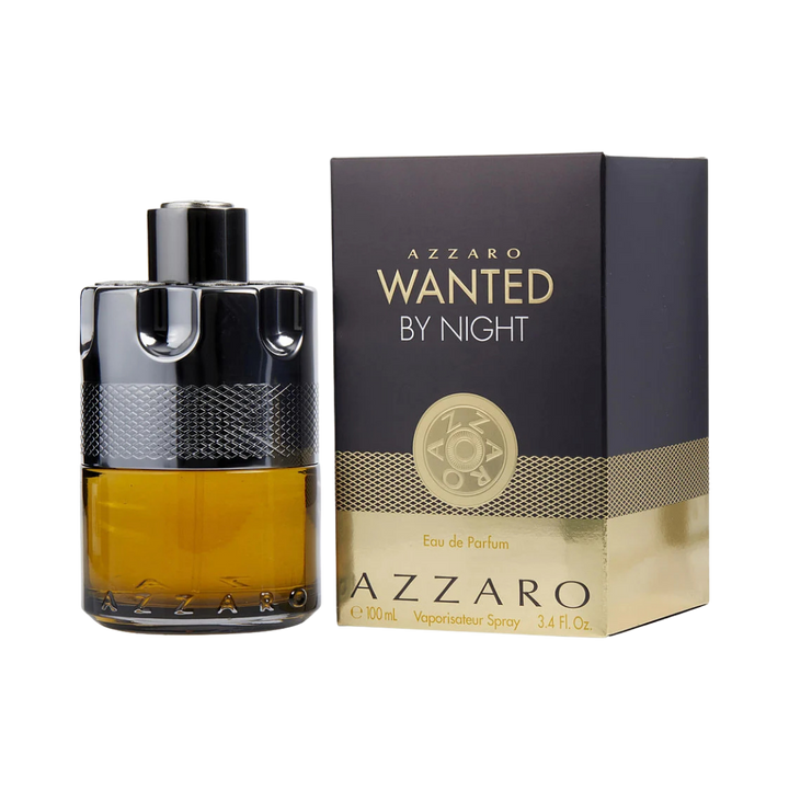 Azzaro Wanted by Night Eau de Parfum, 100ml, dark amber bottle with silver accents, packaged in a black and gold box.
