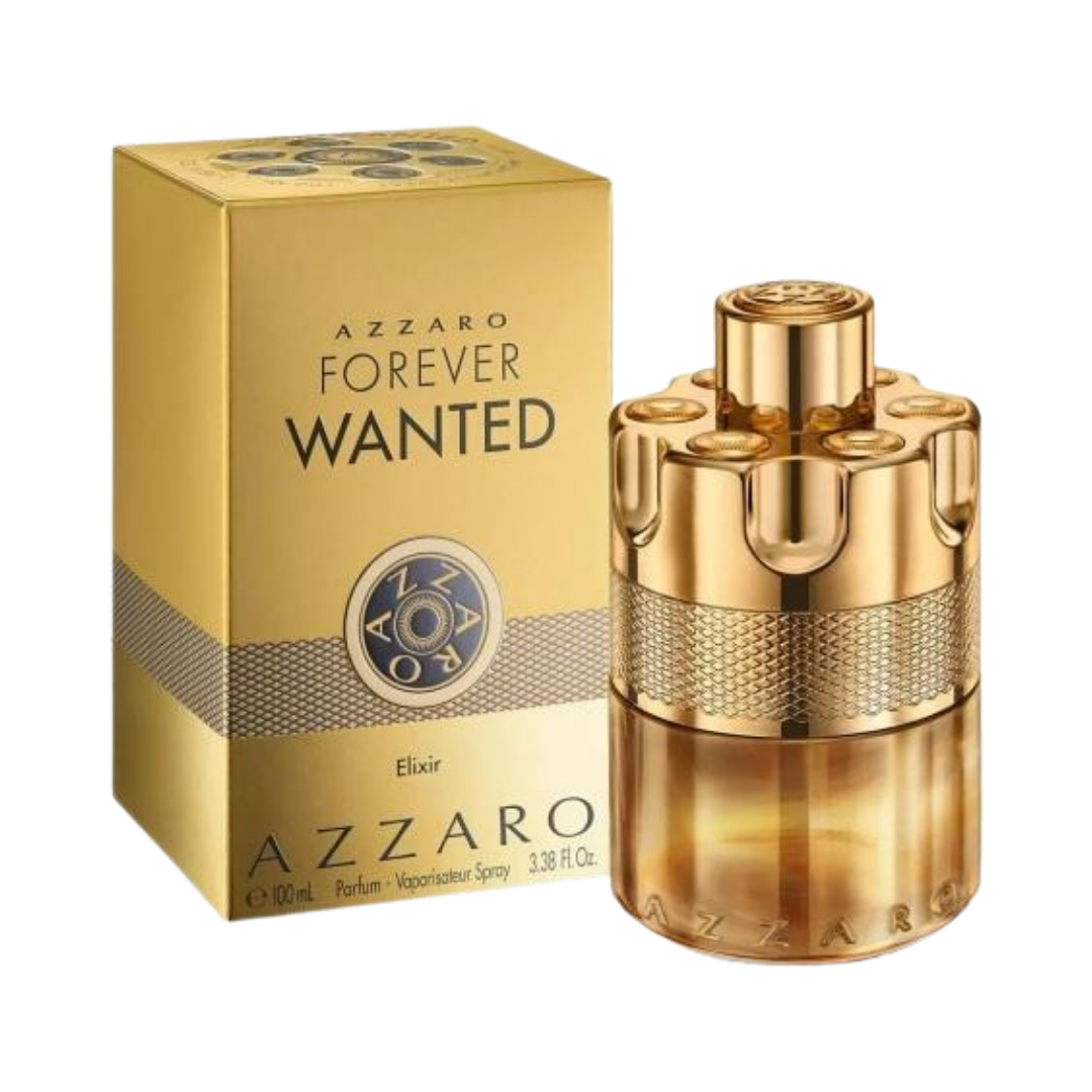 Azzaro Forever Wanted Elixir Parfum, 100ml, gold bottle with textured details, packaged in a gold box.