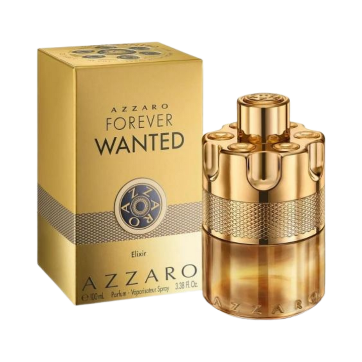Azzaro Forever Wanted Elixir Parfum, 100ml, gold bottle with textured details, packaged in a gold box.