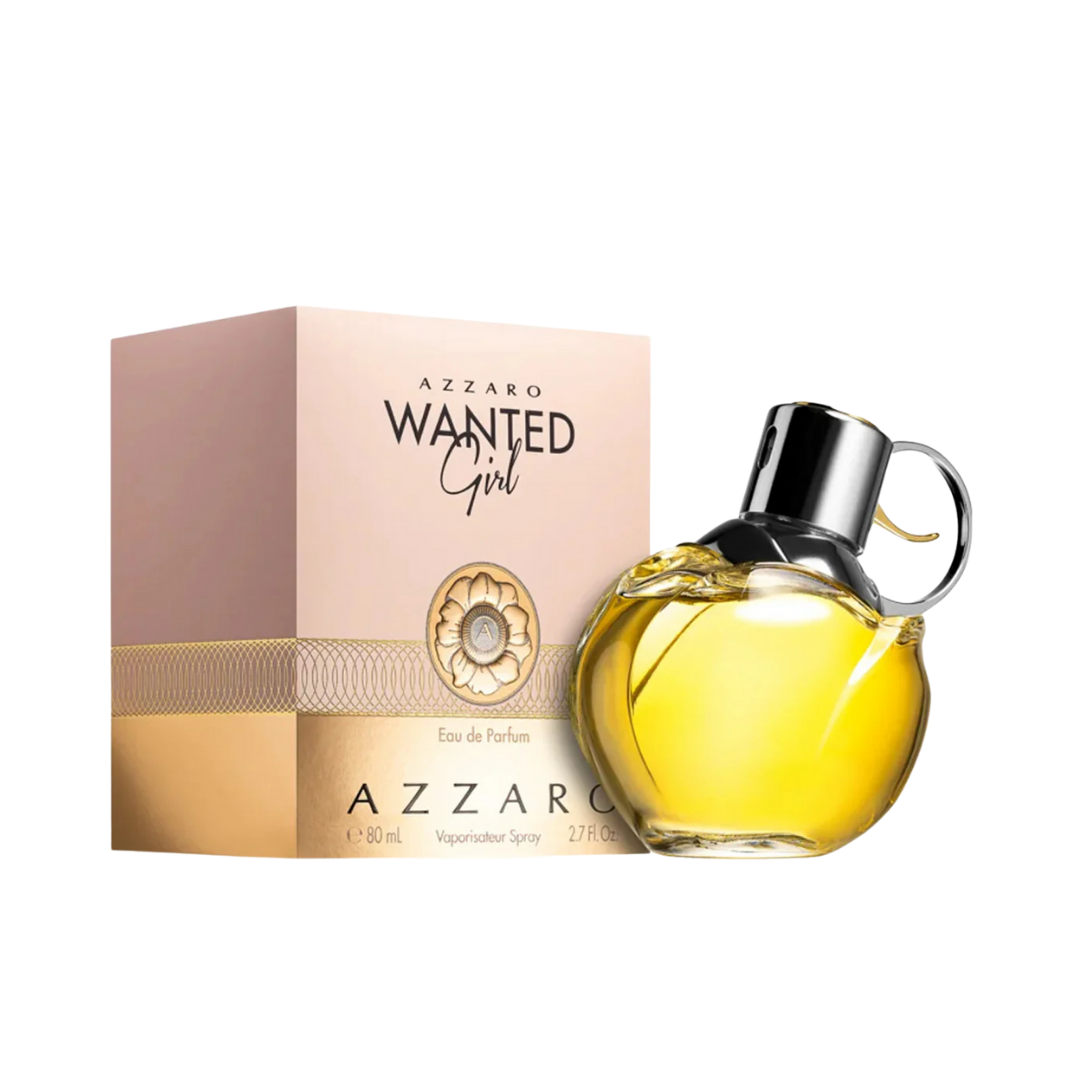 Azzaro Wanted Girl Eau de Parfum, 80ml, yellow bottle with a silver cap shaped like a gun, packaged in a pink box.
