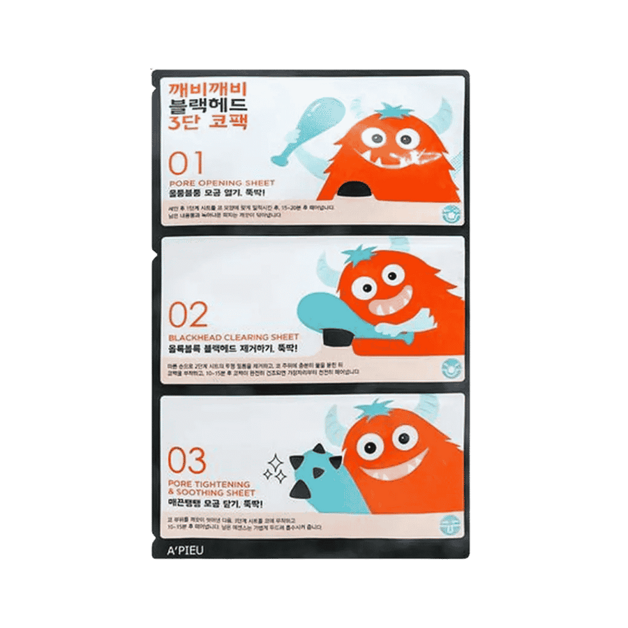 A'PIEU Goblin 3-step nose pack for blackhead removal, includes three patches, visible packaging, 3-step treatment set