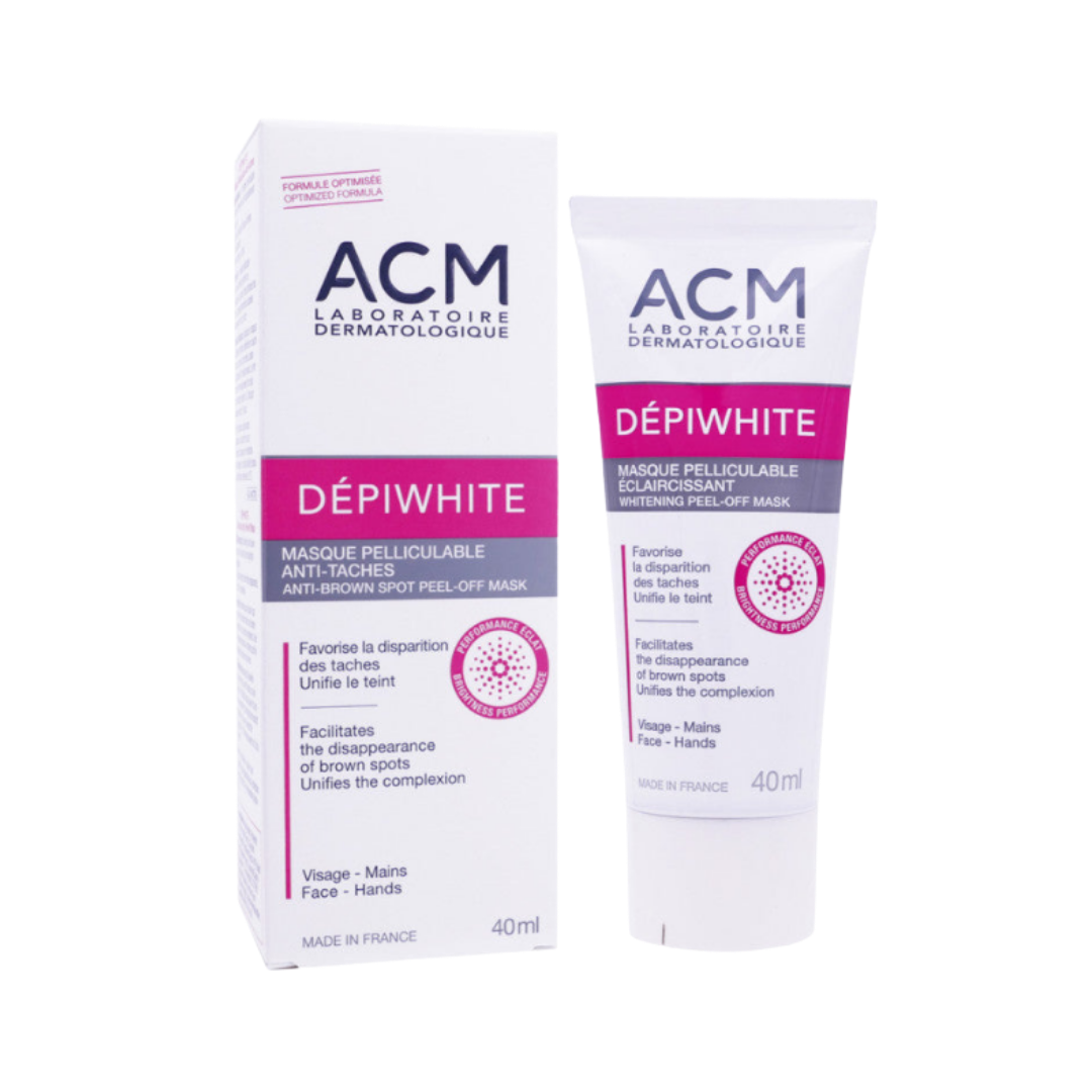 ACM Dépiwhite anti-brown spot peel-off mask, 40ml, white tube with pink gray box.