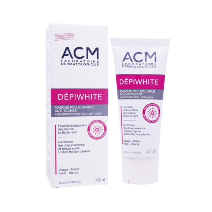 ACM Dépiwhite anti-brown spot peel-off mask, 40ml, white tube with pink gray box.
