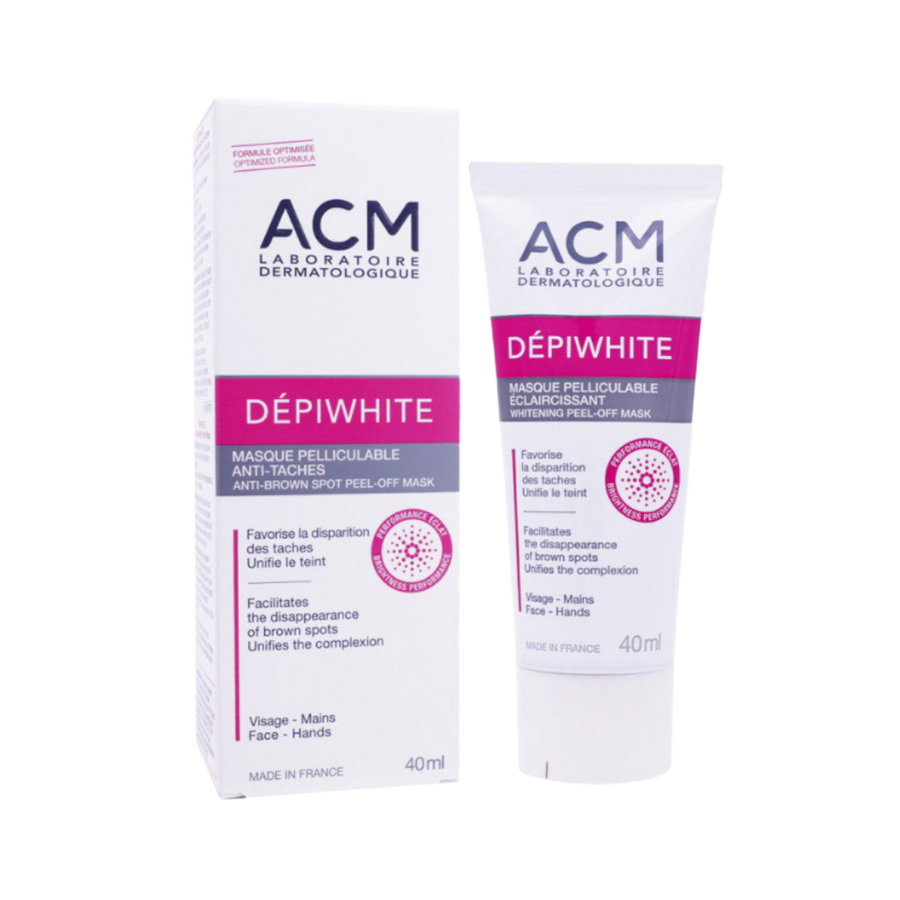 ACM Dépiwhite anti-brown spot peel-off mask, 40ml, white tube with pink gray box.