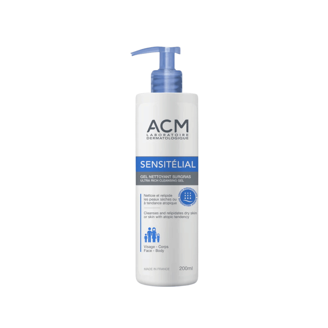 ACM Sensitelial ultra rich cleansing gel 200ml pump bottle white with blue label