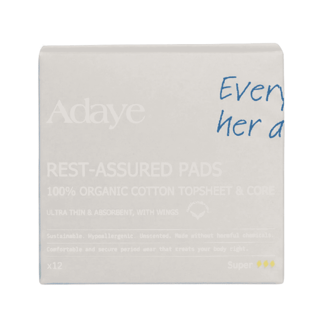 Adaye Rest Assured Super pads, 12 sanitary pads with organic cotton topsheet and core.