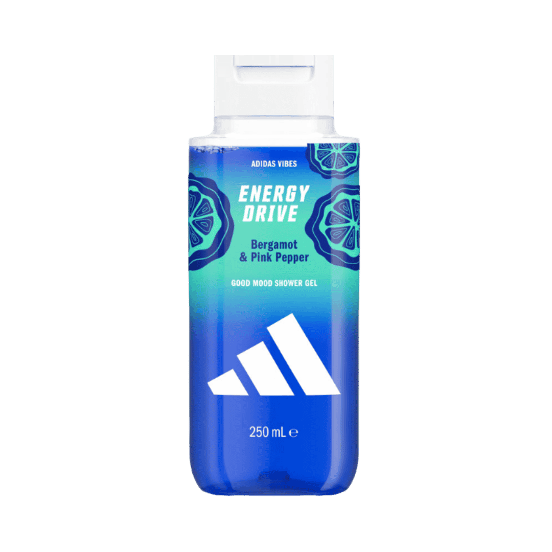 Adidas Vibes Energy Drive Bergamot Pink Pepper shower gel, 250ml, blue bottle with white flip cap.