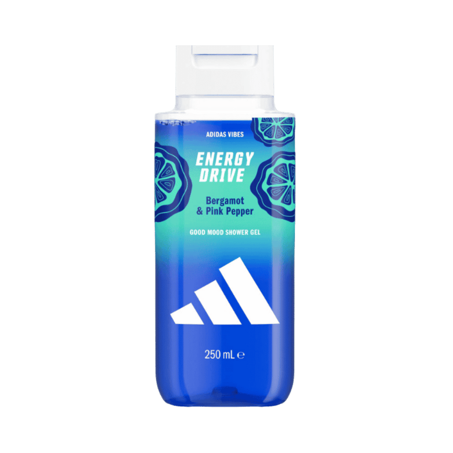 Adidas Vibes Energy Drive Bergamot Pink Pepper shower gel, 250ml, blue bottle with white flip cap.
