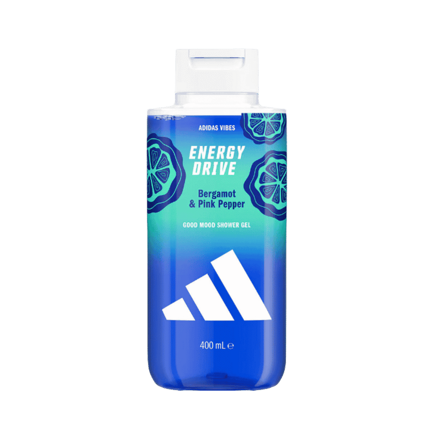 Adidas Vibes Energy Drive Bergamot Pink Pepper shower gel, 400ml, blue bottle with white flip cap.