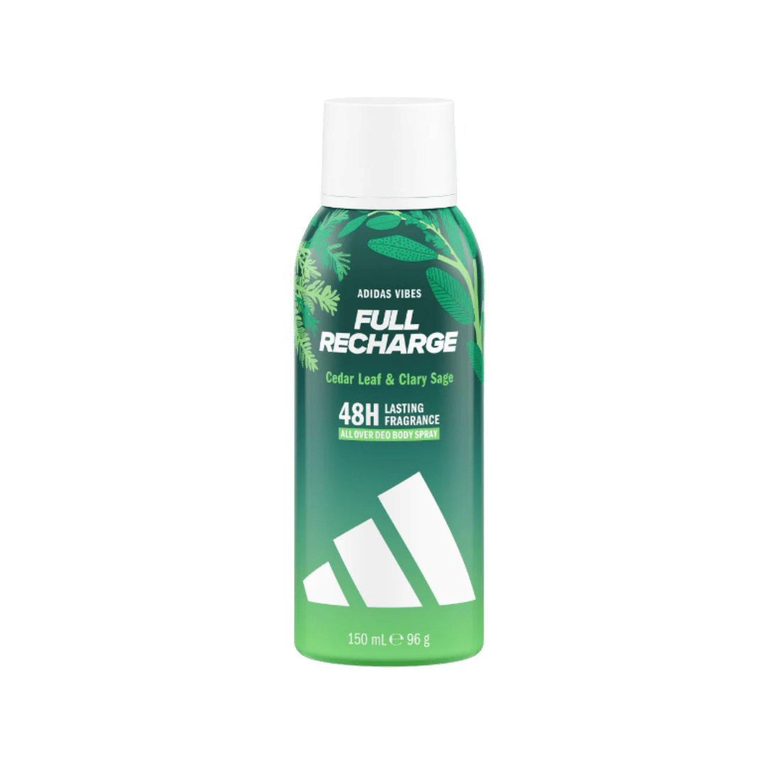 Adidas Vibes Full Recharge Cedar Leaf & Clary Sage body spray, 150ml green aerosol can with white cap.