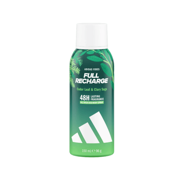 Adidas Vibes Full Recharge Cedar Leaf & Clary Sage body spray, 150ml green aerosol can with white cap.