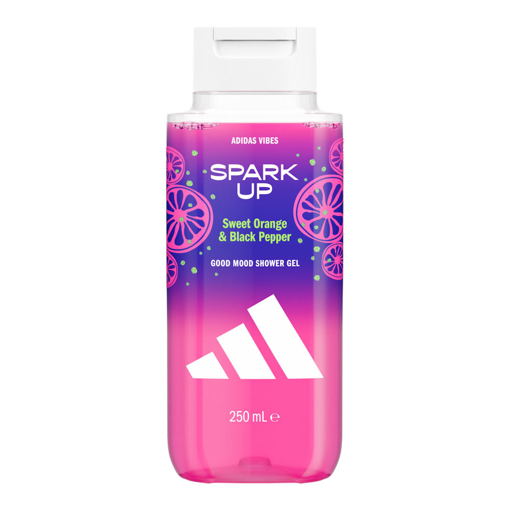Adidas Vibes Spark Up Sweet Orange Black Pepper shower gel, 250ml, pink bottle with white flip cap.