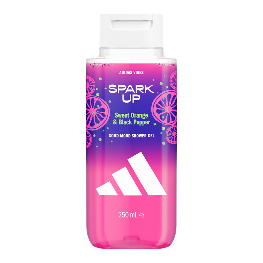 Adidas Vibes Spark Up Sweet Orange Black Pepper shower gel, 250ml, pink bottle with white flip cap.