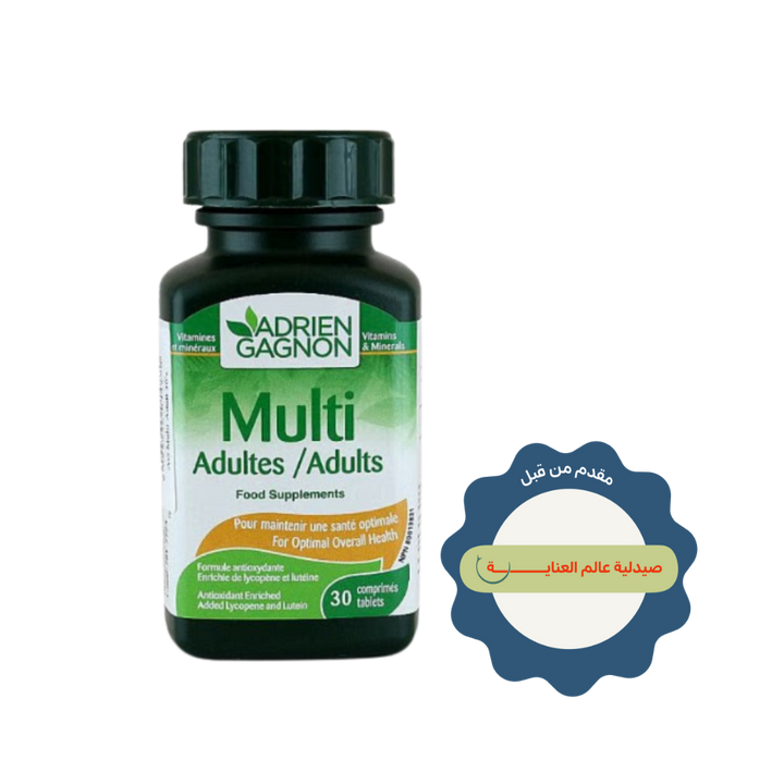 Adrien Gagnon Multi Adults multivitamin and mineral supplement, 30-tablet dark green bottle with matching cap.