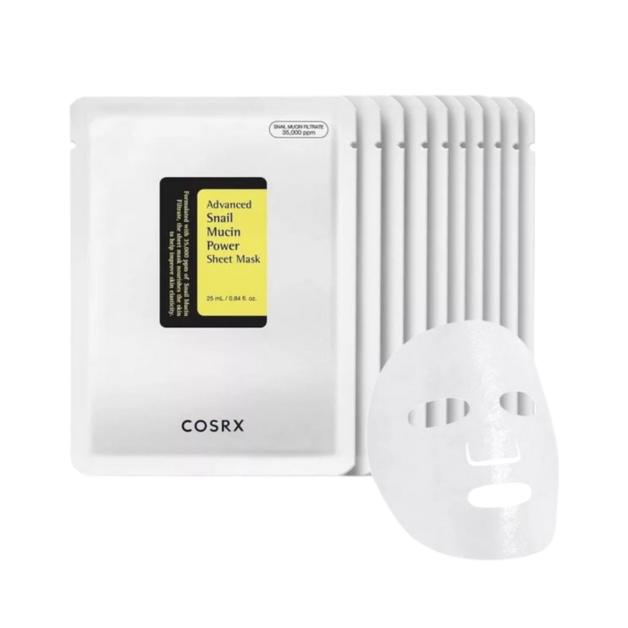 COSRX Advanced Snail Mucin Power sheet masks, ten 25 ml masks in white rectangular box.