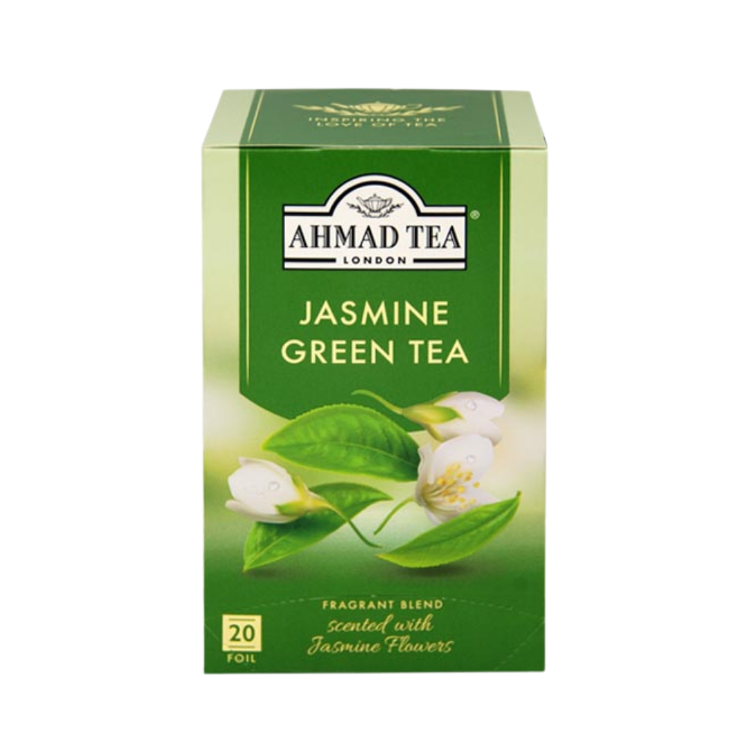 Ahmad Tea Jasmine Romance green tea, 20 bags, green rectangular box with white jasmine flowers