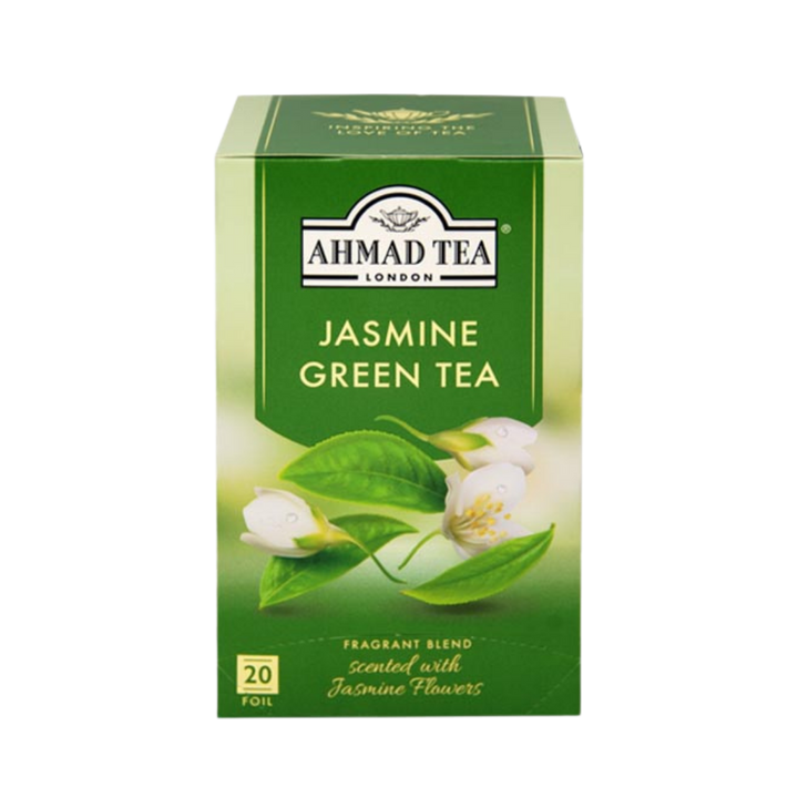Ahmad Tea Jasmine Romance green tea, 20 bags, green rectangular box with white jasmine flowers
