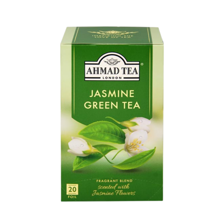 Ahmad Tea Jasmine Romance green tea, 20 bags, green rectangular box with white jasmine flowers