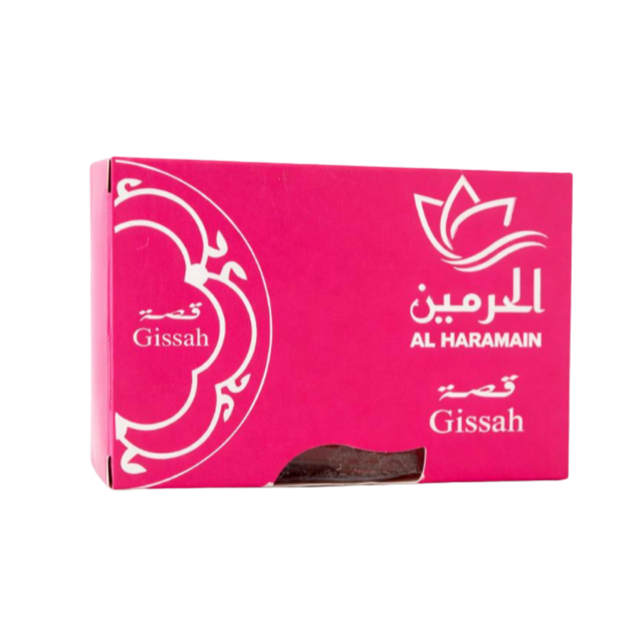Al Haramain Gissah soap bar, pink rectangular box with Arabic and English branding and floral logo.