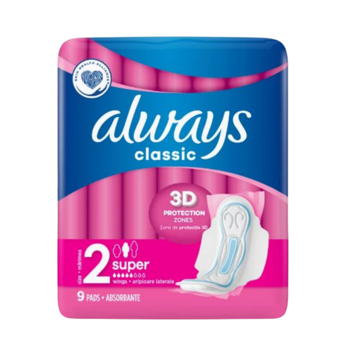 Always Classic 3D Protection Size 2 Super sanitary pads, 9 pads, blue and pink pack.