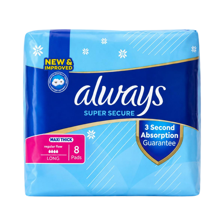 Always Maxi Thick Super Secure long sanitary pads, eight-count blue package with pink regular-flow label