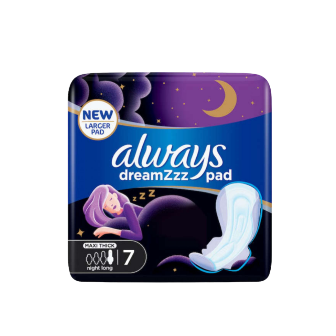 Always DreamZzz Maxi Thick Night Pads, pack of 7, with larger size and designed for overnight use.