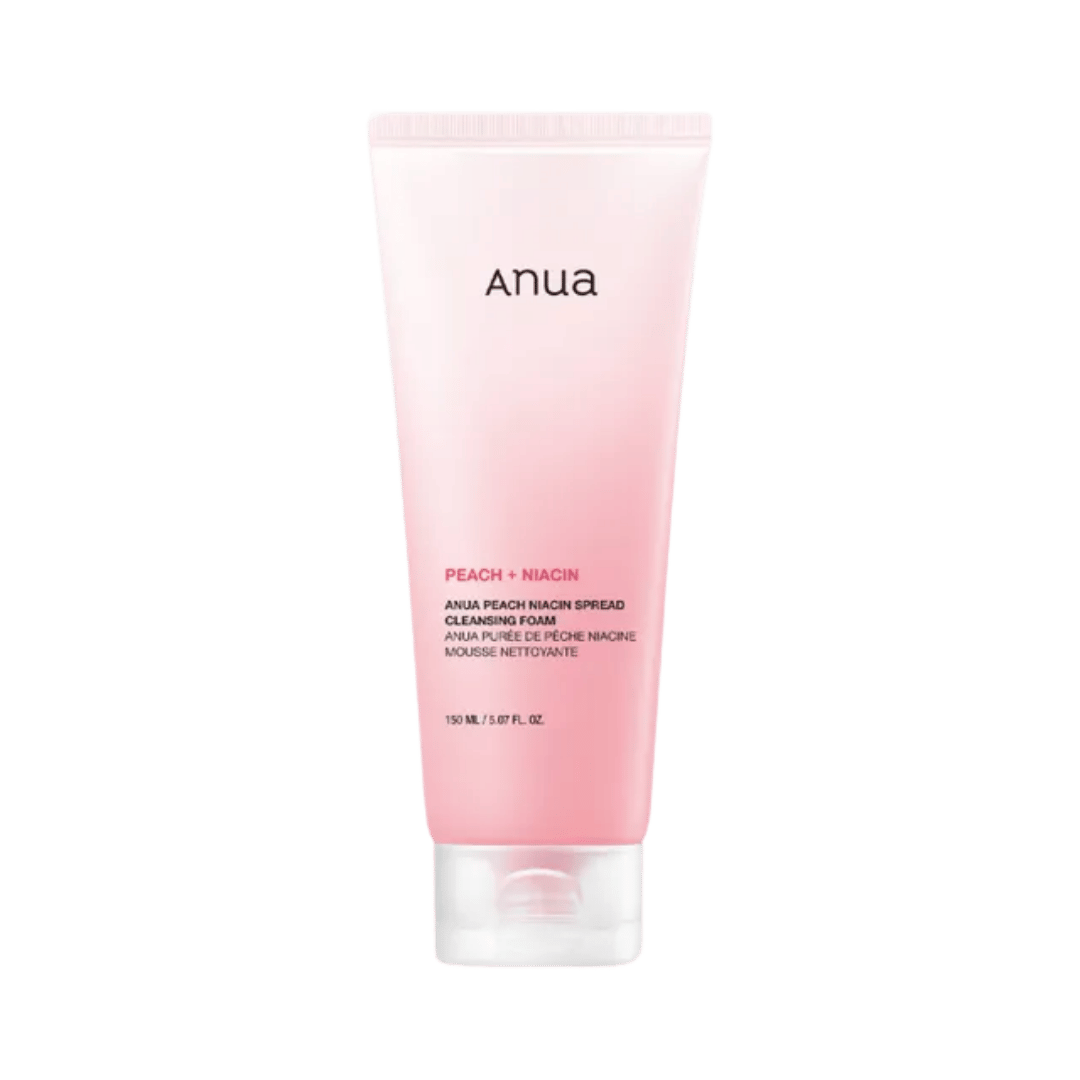Anua peach niacin face cleansing foam, pink 150ml tube packaging, enriched with niacinamide and peach seed powder.