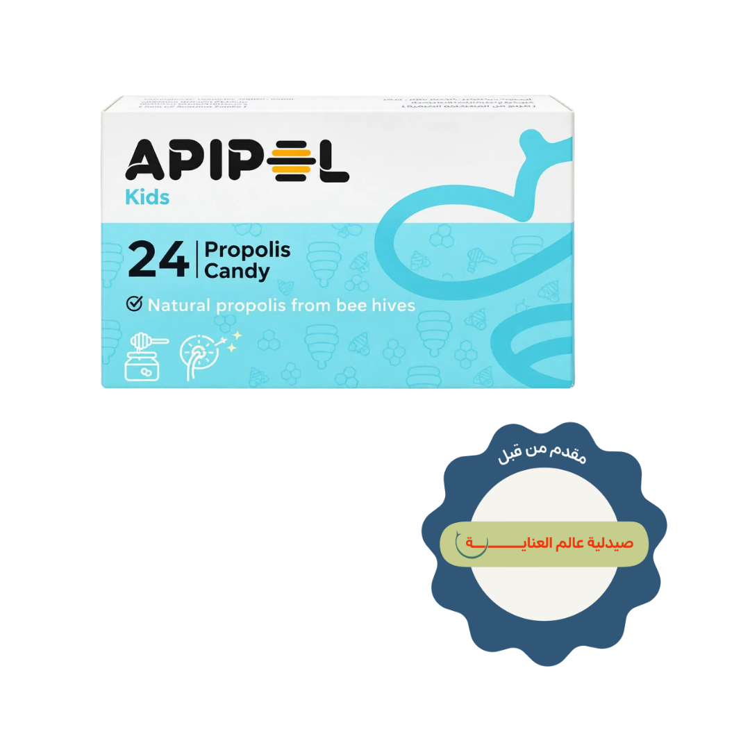Apipol Kids Propolis Candy 24 pieces box with white and turquoise packaging label details