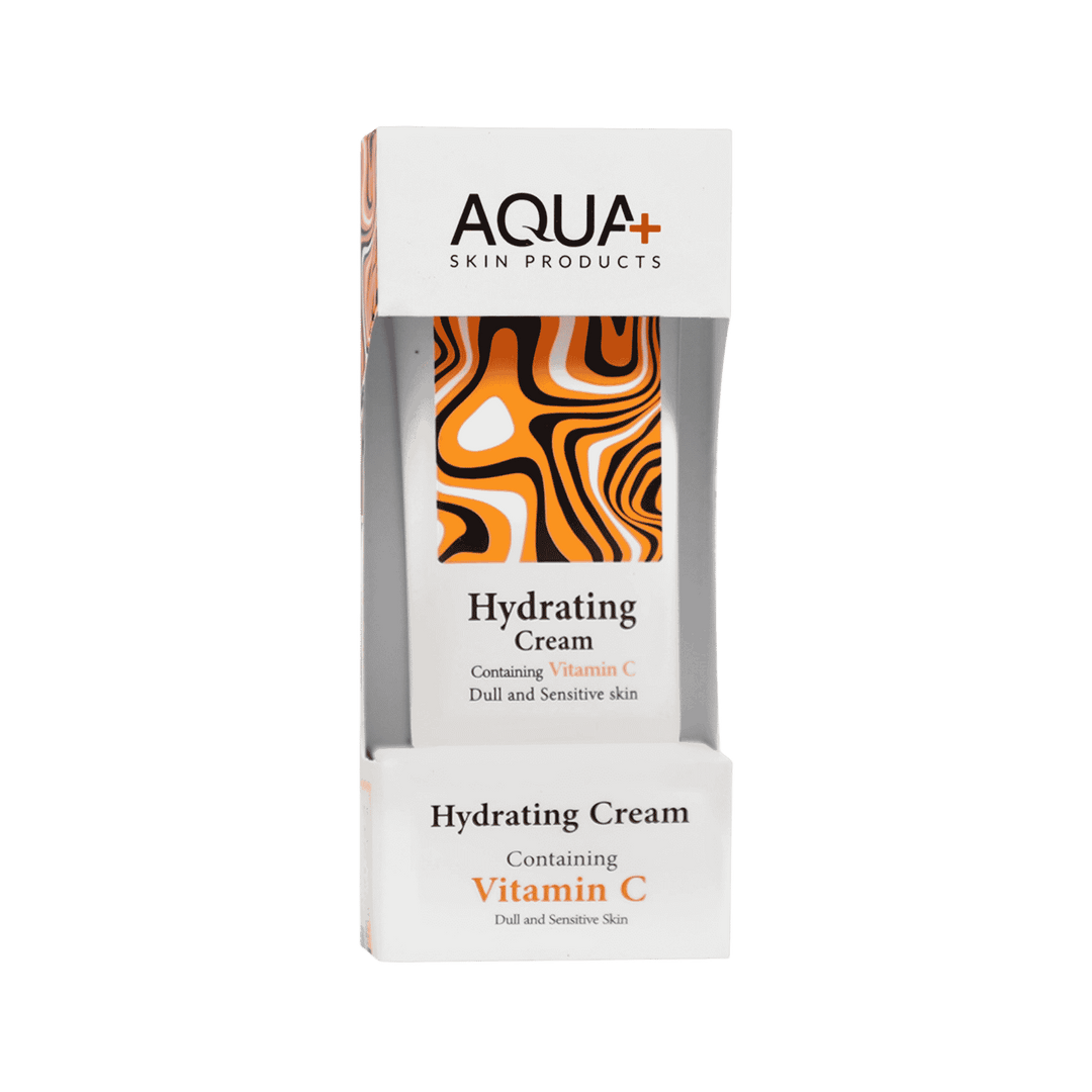 AQUA+ Skin Products Hydrating Cream with Vitamin C, white box, orange pattern, for dull sensitive skin