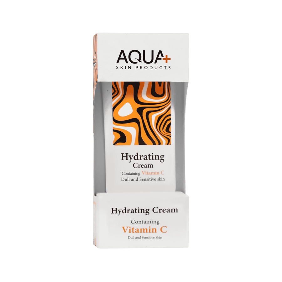 AQUA+ Skin Products Hydrating Cream with Vitamin C, white box, orange pattern, for dull sensitive skin