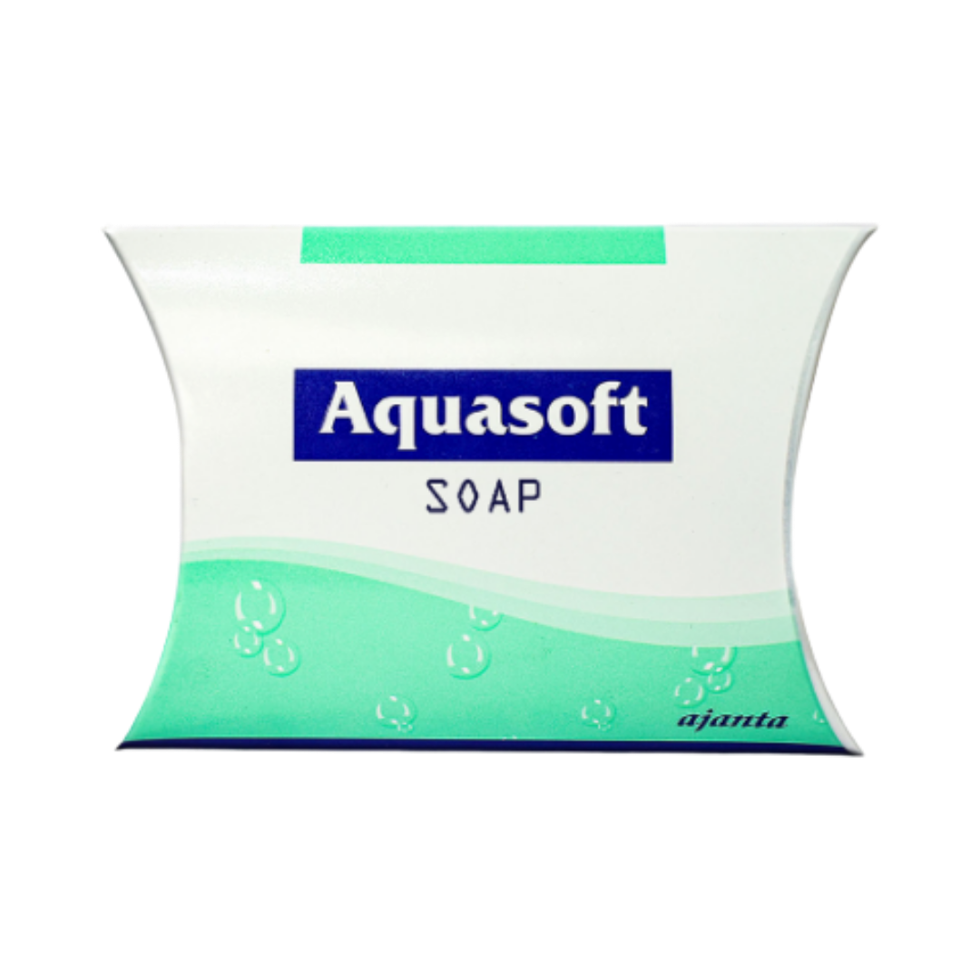 Aquasoft soap bar, white and green packaging with bubbles design, from Ajanta.
