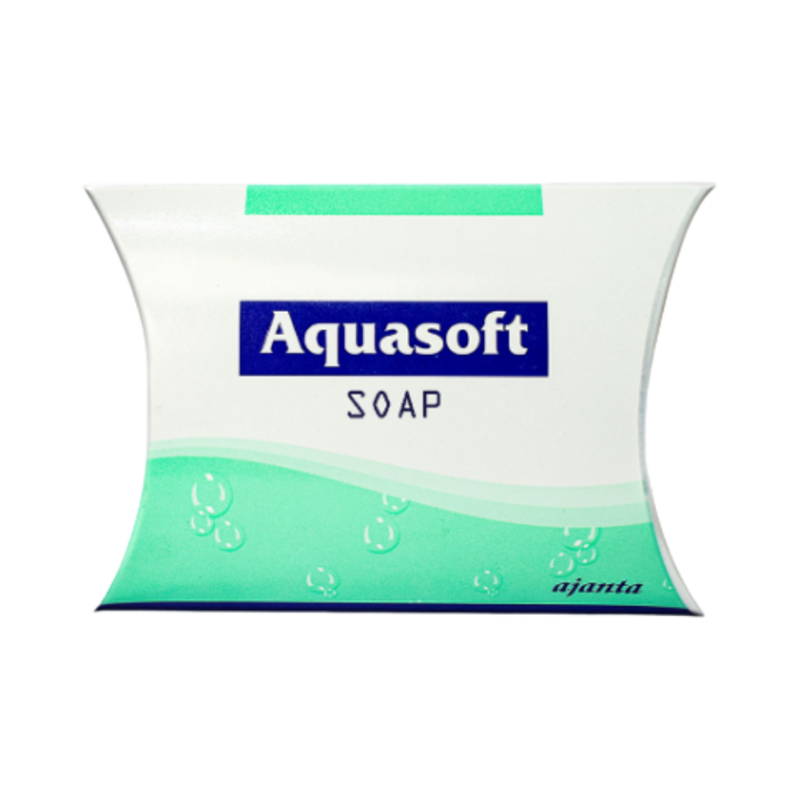 Aquasoft soap bar, white and green packaging with bubbles design, from Ajanta.

