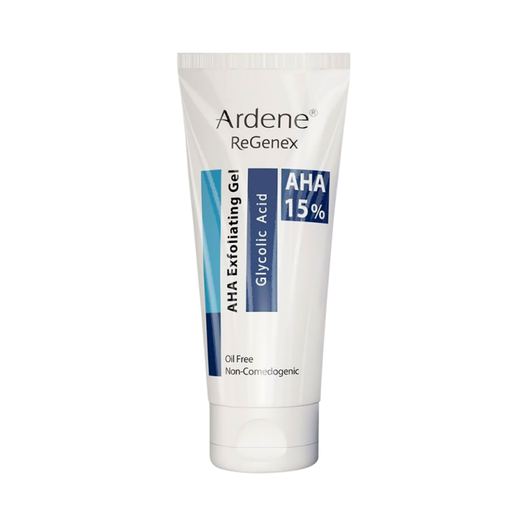 Ardene ReGenex AHA Exfoliating Gel, 15% glycolic acid, 100g tube, oil-free, non-comedogenic.