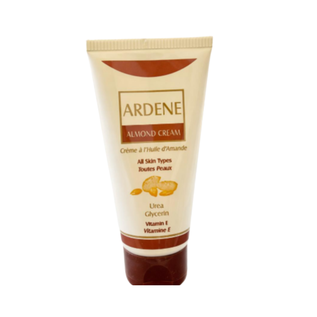 Ardene Almond Cream tube with brown cap, almond oil formula, urea, glycerin, vitamin E.