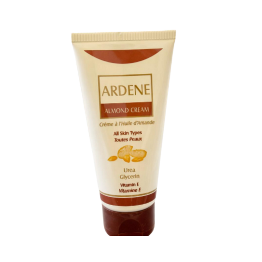 Ardene Almond Cream tube with brown cap, almond oil formula, urea, glycerin, vitamin E.