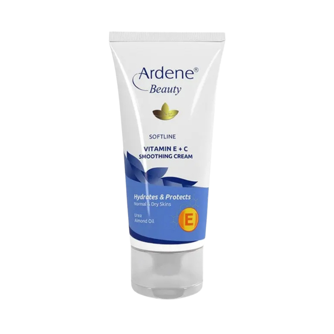 Ardene Beauty Softline Vitamin E + C Smoothing Cream, 100ml, in a white and blue squeeze tube with almond oil and urea.