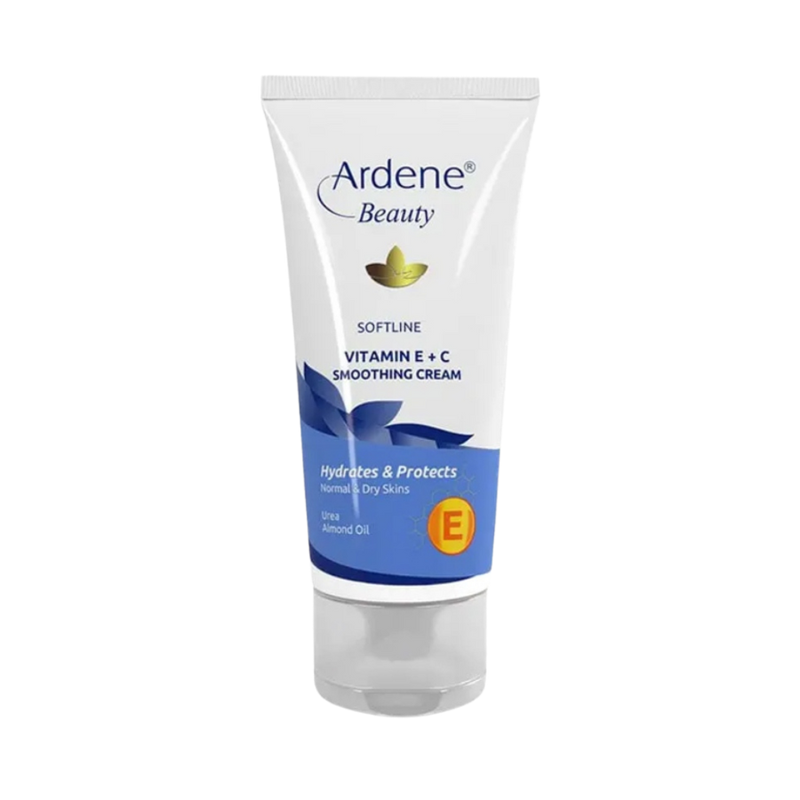 Ardene Beauty Softline Vitamin E + C Smoothing Cream, 100ml, in a white and blue squeeze tube with almond oil and urea.