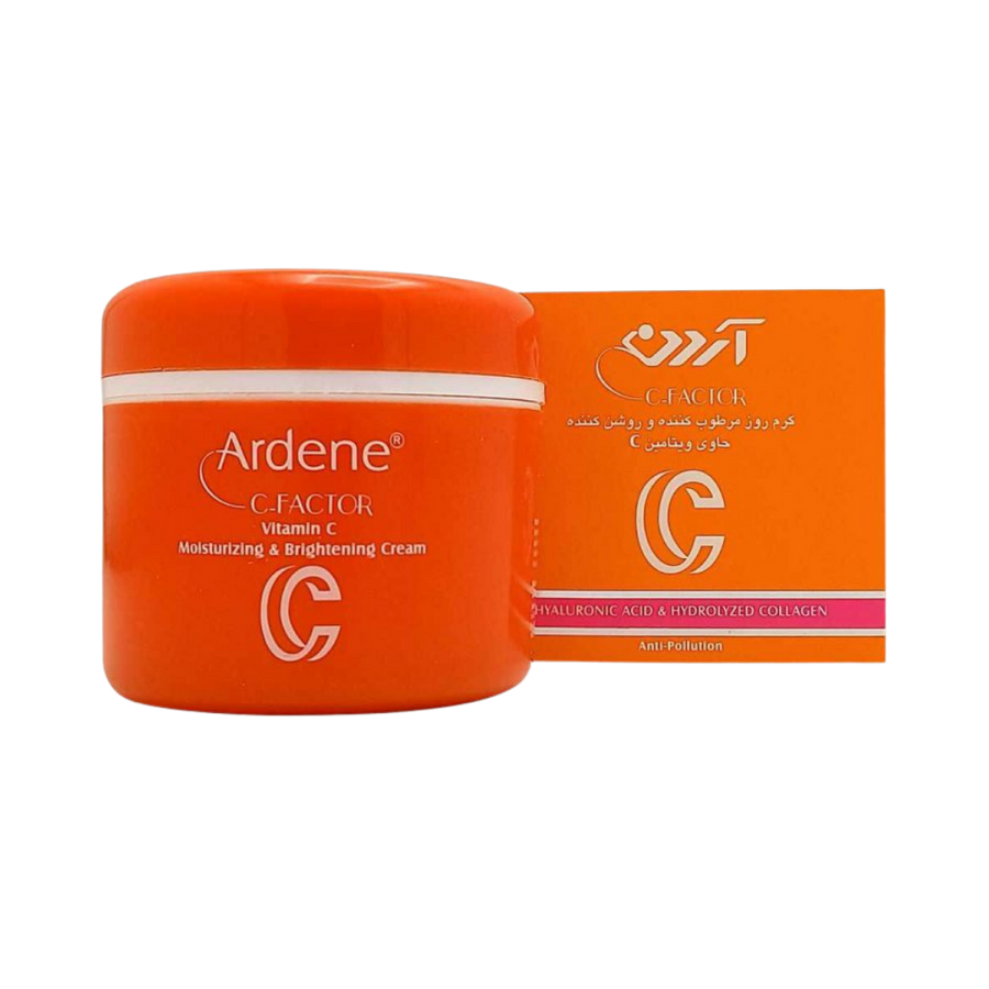 Ardene C-Factor Vitamin C Moisturizing & Brightening Cream, orange jar, with hyaluronic acid and hydrolyzed collagen, anti-pollution.