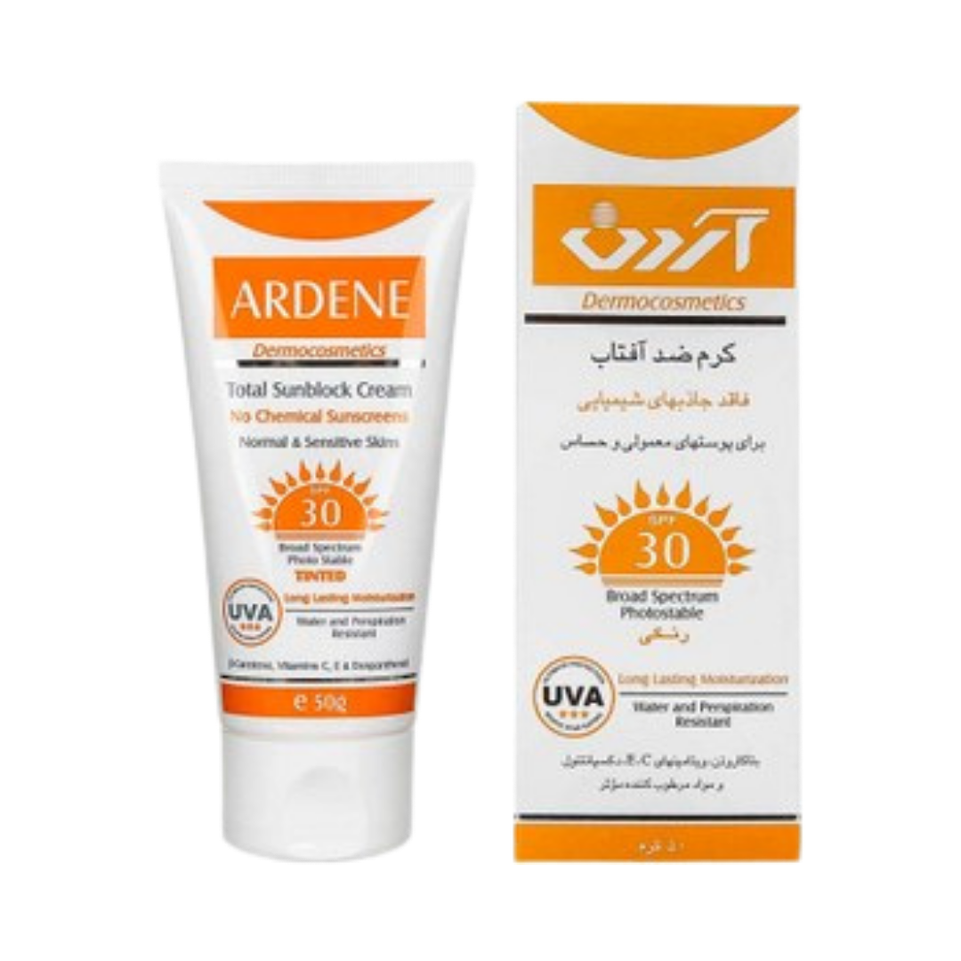 Ardene Total Sunblock Cream SPF 30, 50g tube, for normal and sensitive skin, no chemical sunscreens, water-resistant, UVA/UVB protection.