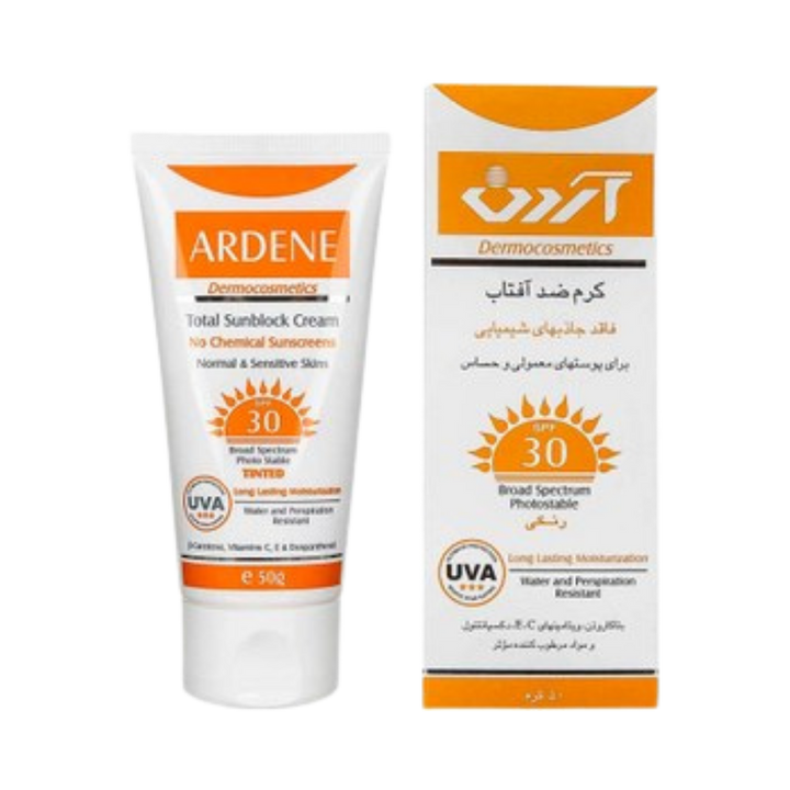 Ardene Total Sunblock Cream SPF 30, 50g tube, for normal and sensitive skin, no chemical sunscreens, water-resistant, UVA/UVB protection.
