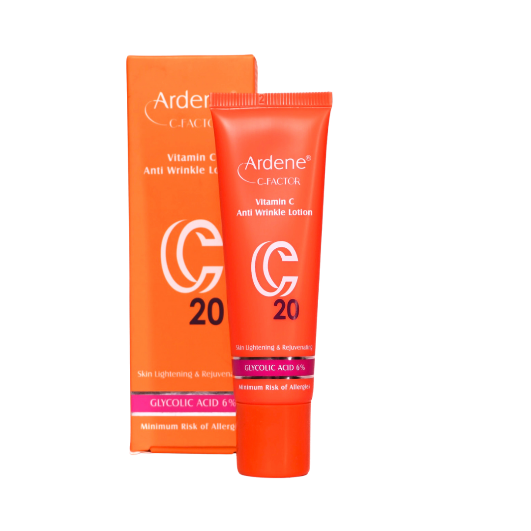 Ardene C-Factor Vitamin C Anti-Wrinkle Lotion, 20g tube, contains 6% glycolic acid, for skin lightening and rejuvenation.