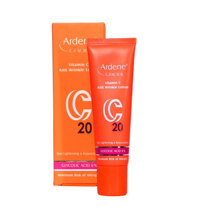Ardene C-Factor Vitamin C Anti-Wrinkle Lotion, 20g tube, contains 6% glycolic acid, for skin lightening and rejuvenation.