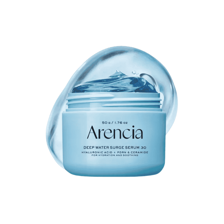 Arencia Deep Water Surge Serum 30, light blue jar with blue gel inside, printed text branding, hyaluronic acid + PDRN + ceramide, 50g, 1080x1080px