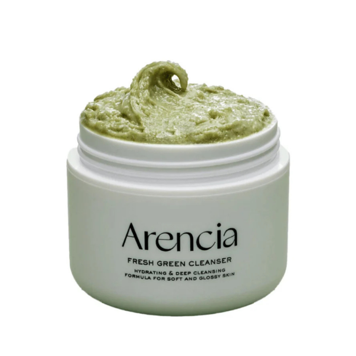 Arencia Fresh Green Cleanser facial cleanser jar with green clay texture, white packaging, 120g size