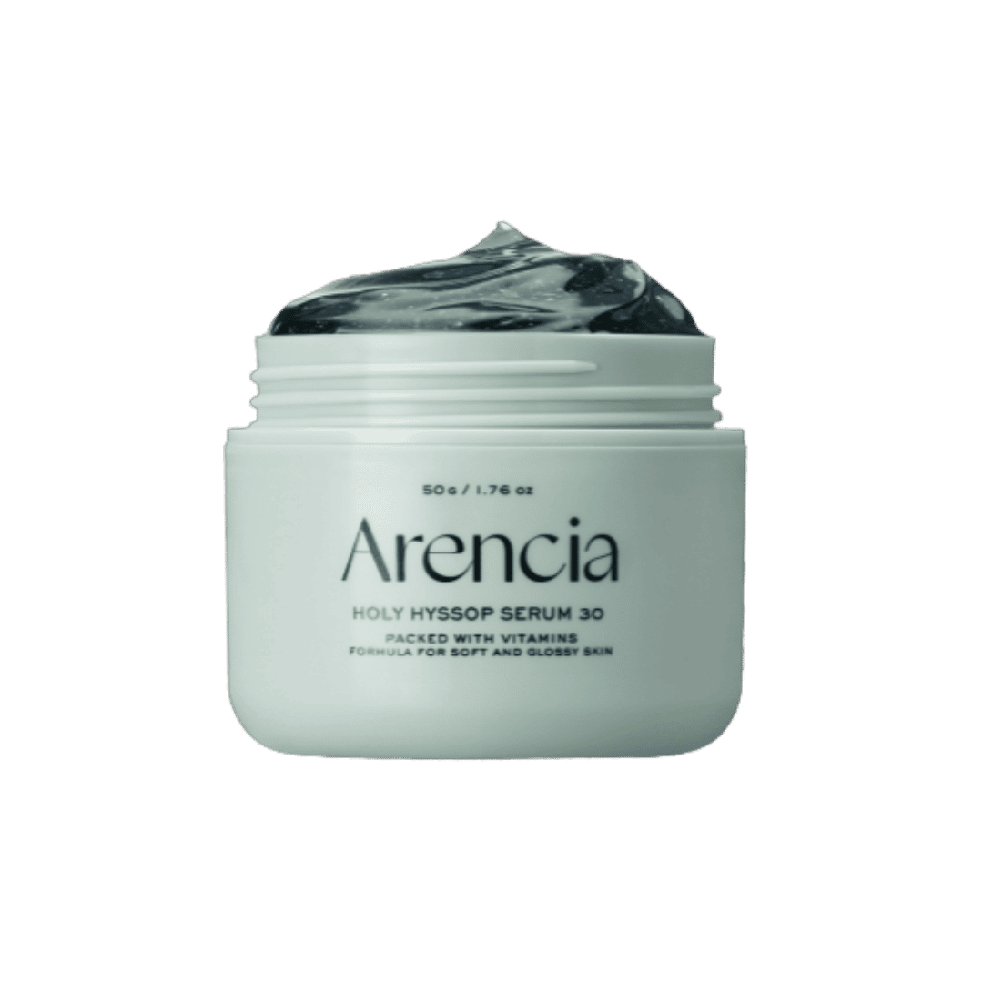 Arencia Holy Hyssop Serum 30, white jar with black serum inside, printed text branding, 50g, transparent background