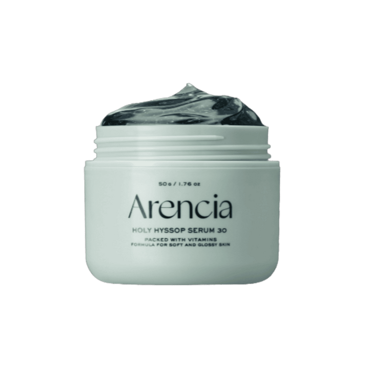 Arencia Holy Hyssop Serum 30, white jar with black serum inside, printed text branding, 50g, transparent background